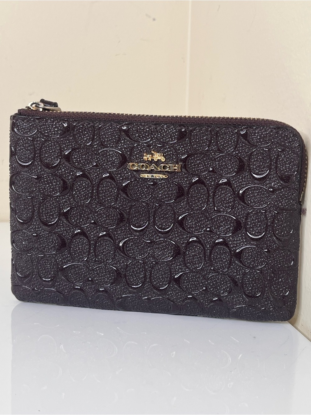 Coach Signature Debossed Brown Patent Leather Corner Zip Wristlet